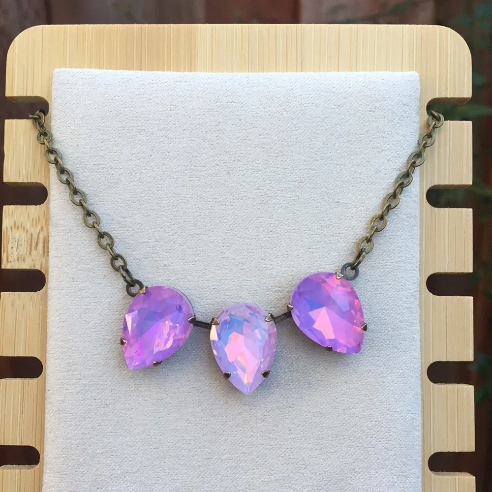 Purple + Pink Opal Aurora Borealis Antique Brass Pear Crystal Necklace